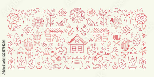 Photography Floral ornament with houses and birds hand drawn vector illustration