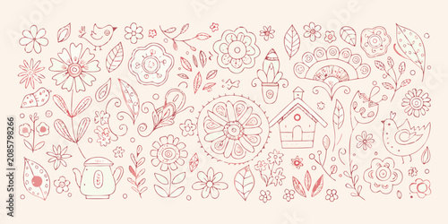 Photography Floral ornament with birds and teapots hand drawn vector illustration