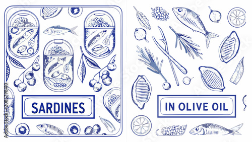Foto Vintage style illustration of sardines olive oil and lemon slices in a repeating
