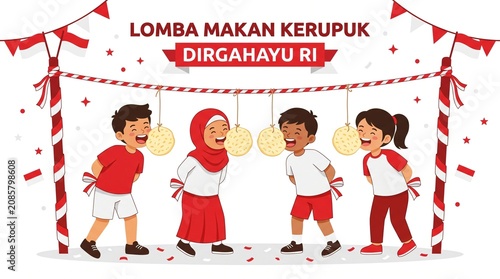 Indonesian kids participating in traditional cracker eating competition celebration