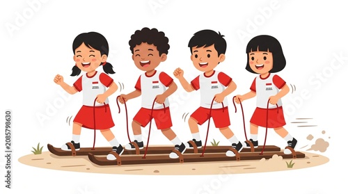 Cute team of kids walking together on bakiak wooden clogs celebrating Independence Day