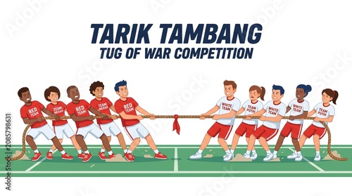 Red and white teams playing tug of war for Indonesian Independence Day