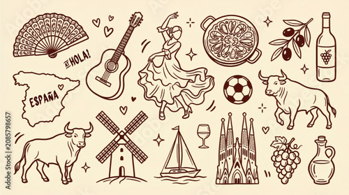 Vintage Spain travel icons set, hand drawn Spanish culture illustrations, brown line art doodle collection of flamenco, bull, and paella