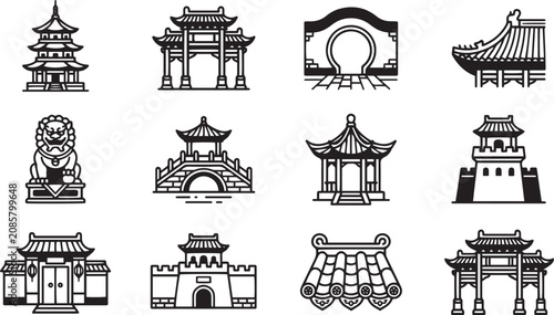 Cuadro en lienzo Set of Traditional Chinese Architecture and Building Icons Collection