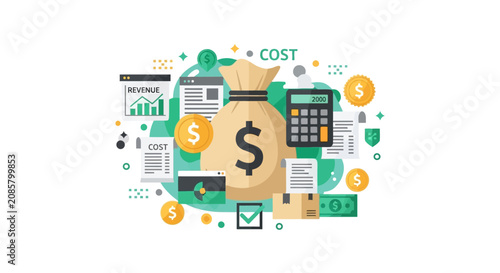 Business Financial Management and Budgeting Illustration with Money Bag, Calculator, Revenue Charts, and Cost Analysis Flat Vector