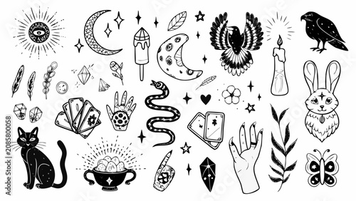 Cuadro en lienzo Witchcraft Illustrations Featuring Crescent Moons Mystical Hands And Celestial E