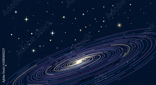 Stylized spiral galaxy and starry night sky illustration, cosmic deep space nebula background, celestial astronomy concept art