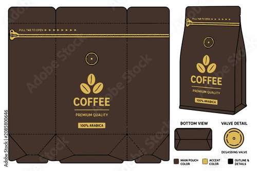 Black coffee bag packaging mockup with zipper and valve Vector