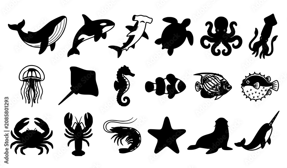 Fototapeta premium Marine Sea Animal Silhouette Collection Featuring Whale Dolphin Octopus Crab Starfish and Jellyfish Icons