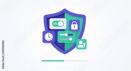 Digital security concept with shield, padlock, user settings, privacy control, and access management. Online data protection illustration.