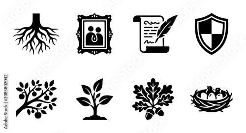 Fotografía Family Tree Icons: Roots, Portrait, Scroll, Shield, Fruit Tree, Sapling, Oak Lea