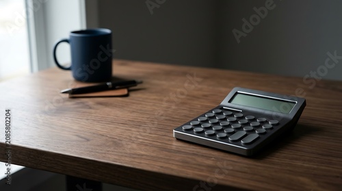 Modern Metallic Calculator on a Wooden Desk with Office Supplies