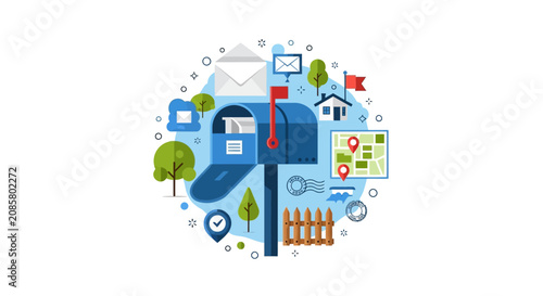 Postal Service and Mail Delivery Concept Illustration with Blue Mailbox, Envelopes, Map, and House Icons in Flat Design Style