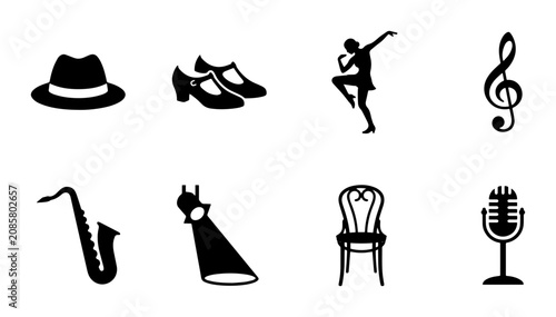 Photography Jazz Music Icons: Saxophone, Microphone, Dancing Silhouette, Fedora Hat, Heels,