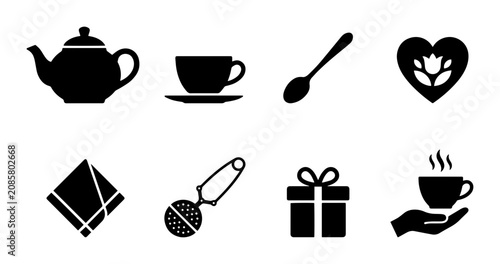 Foto Tea Time Icons Set, Coffee Break Symbols, Beverage Service Graphics, Black and W