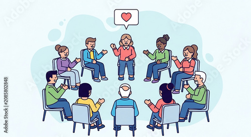 Diverse group of people sitting in a circle, engaged in a discussion or therapy session, emphasizing support and empathy