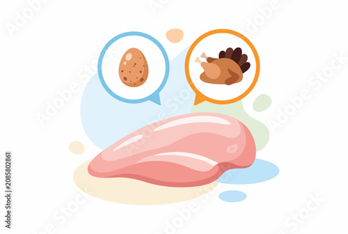 Poultry Protein Sources Graphic with Raw Chicken Egg and Roasted Bird