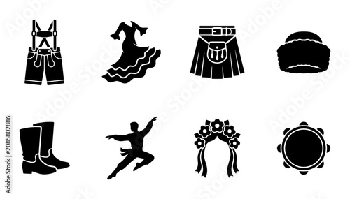 Bild auf Leinwand Traditional Cultural Clothing Icons: Oktoberfest, Flamenco, Scottish Kilt, Cossa