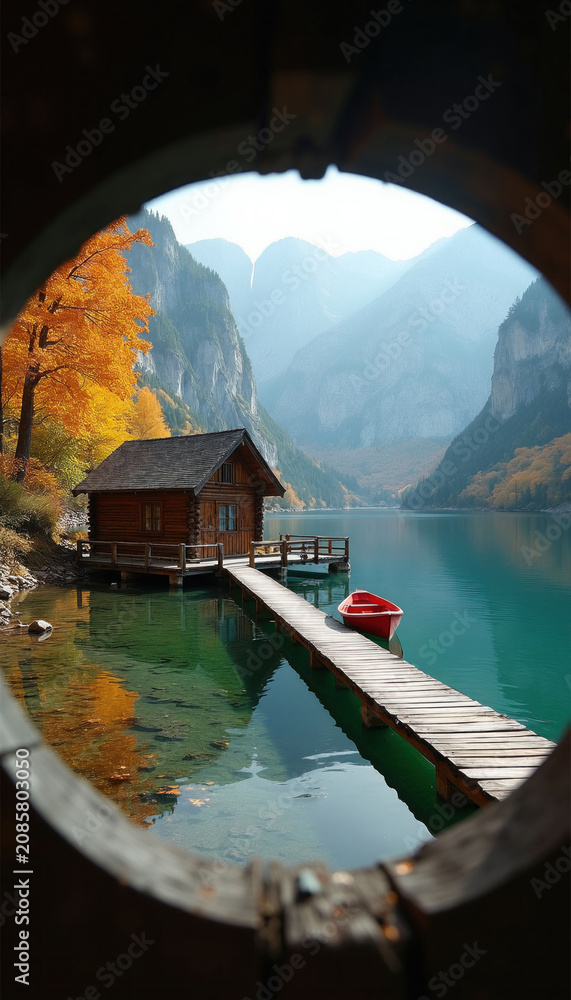 Fototapeta premium Wooden cabin sits on a pier by a clear lake. Mountains rise behind, autumn trees show orange leaves. Red rowboat waits tied to the dock. Nature offers tranquil escape.