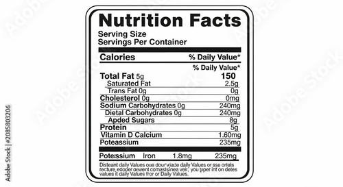 Nutrition Facts label for food packaging, displaying detailed dietary information, calories, fat, sugar, and vitamins in a clear table format.