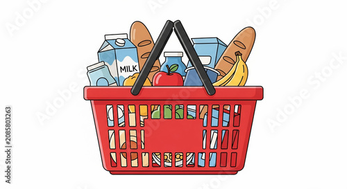 Vibrant red shopping basket overflowing with essential groceries, fresh produce, milk, bread, and packaged food items illustration