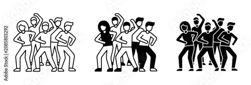 Group of Diverse People Dancing, Celebration Icons, Silhouette Figures, Party Crowd