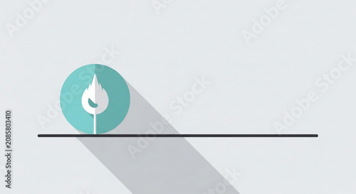 Modern flat design illustration of a mint green circle with a white leaf, droplet, or flame icon and long shadow on a minimalist grey background.