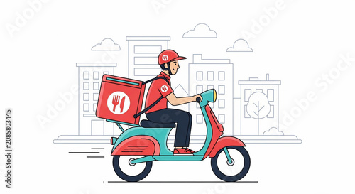 Food delivery service worker riding a scooter with a thermal box in a modern urban city background illustration.