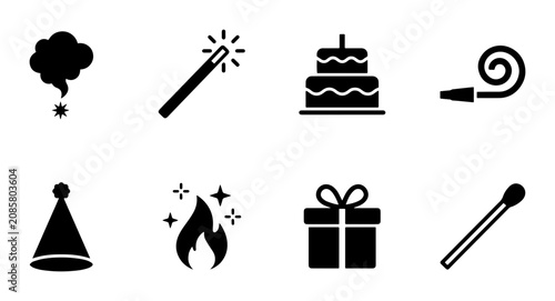 Konstfotografi Birthday Party Icons Set: Celebration, Cake, Gift, Sparkler, Hat, Noise Maker, M