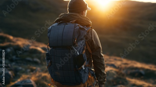 A Person Wearing a Backpack with Solar Panel Charging Devices While Enjoying a Scenic Sunset in Nature