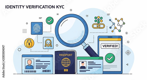 Digital identity verification and Know Your Customer (KYC) process illustration. Secure online authentication and customer onboarding concept.