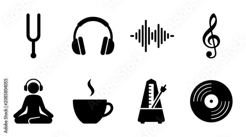Obraz na płótnie Music Icons Set: Tuning Fork, Headphones, Sound Wave, Treble Clef, Meditation, C