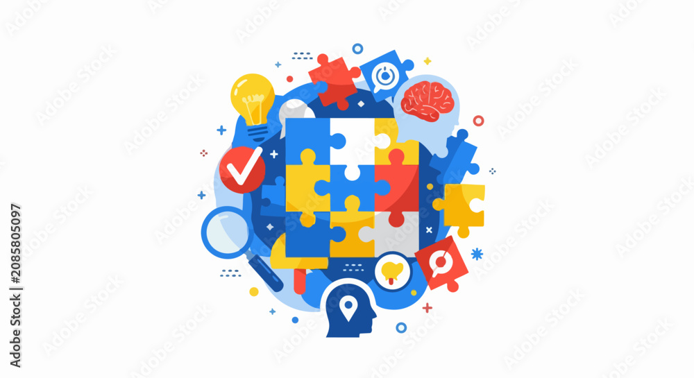 Fototapeta premium Business Solution and Creative Problem Solving Concept Flat Vector Illustration with Jigsaw Puzzle, Brain, and Idea Icons