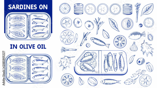 Bild auf Leinwand Vintage style vector illustration depicting sardines in cans lemon slices and va