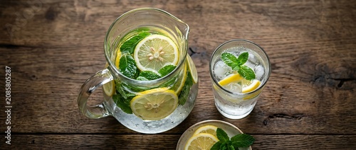 Refreshing homemade detox water with lemon and mint on wooden table