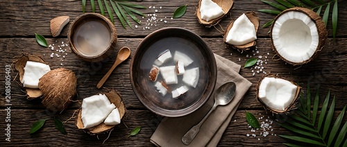 Panoramic flat lay of fresh coconut water with pieces on a rustic wooden background