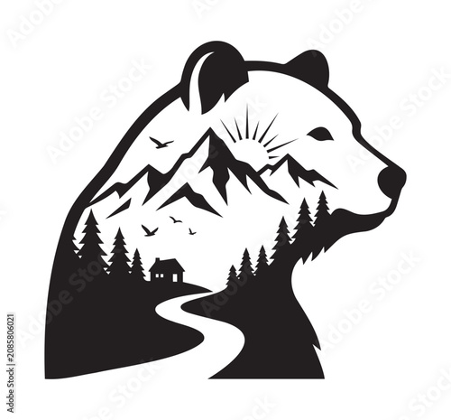 Bear head silhouette with integrated mountain forest landscape vector on white background