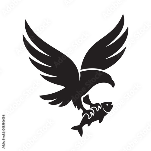 Eagle hunting fish silhouette vector on white background for wildlife logo