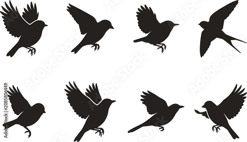 Foto Flying birds silhouette vector set featuring sparrow swallow and small songbirds