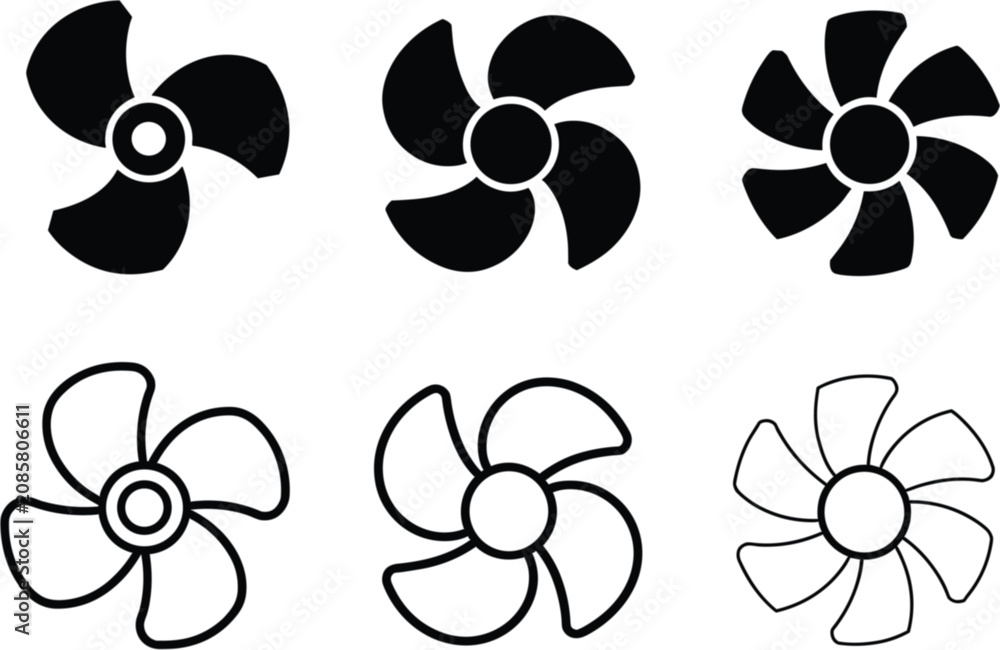 Fototapeta premium Cooling Fan Blade Icons Collection, Ventilator Propeller Vector Set for Appliance Engineering Design Elements Editable