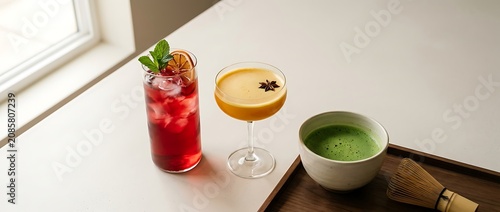 Variety of beverages including red iced tea yellow cocktail and matcha green tea