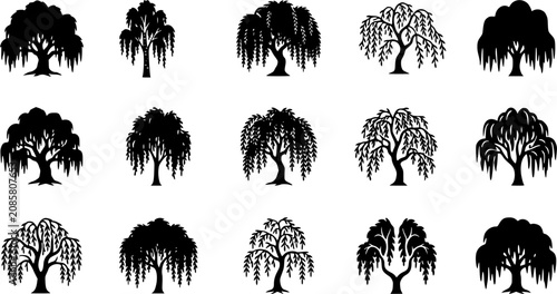 Willow & Weeping Tree silhouette icon set, flat black glyph style, pure white background