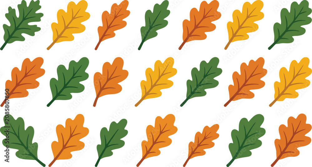Fototapeta premium Set of colorful oak leaves in green yellow and orange colors for autumn season design elements