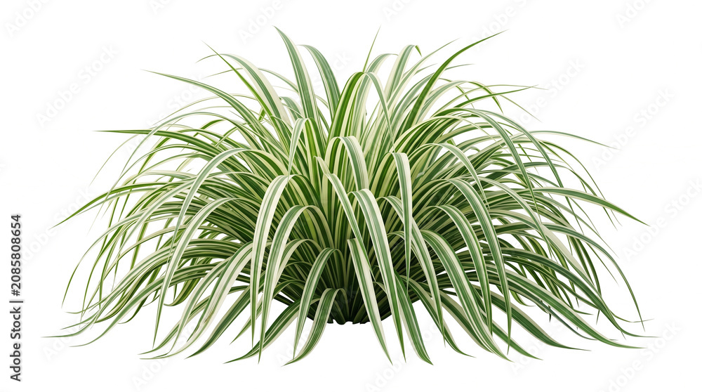Fototapeta premium Lush clump of variegated ornamental grass with distinctive dark-striped arching green foliage and dense form