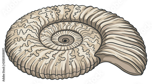 Foto An illustration of a spiral ammonite fossil shell on a white background, 009 ref