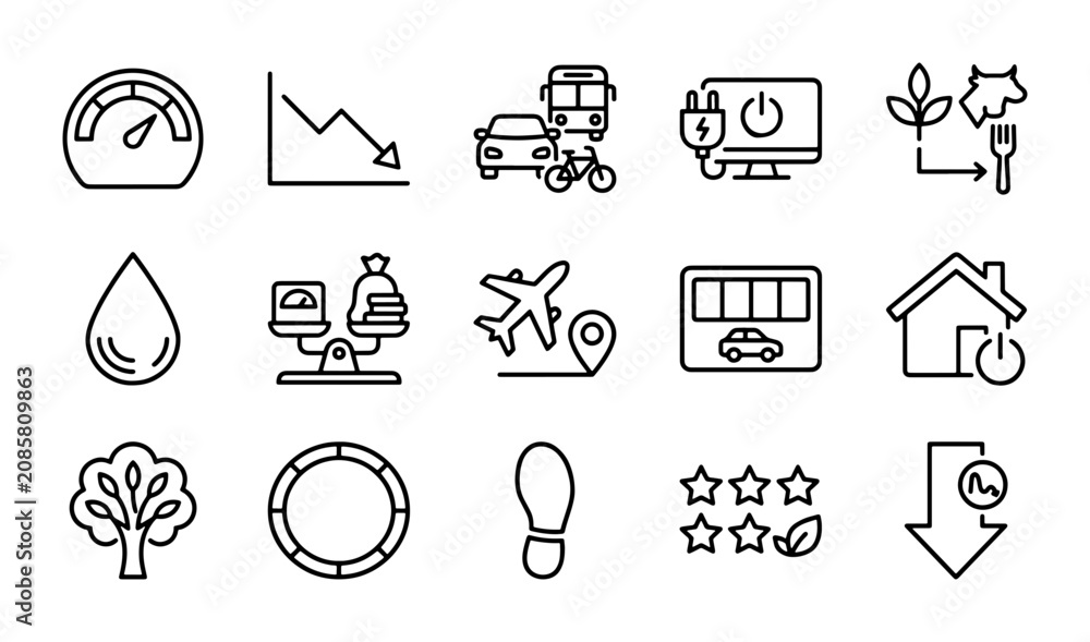 Fototapeta premium Eco-Friendly Line Icons, Sustainable Living Vector Set, Environmental Conservation Graphics, Green Technology Symbols