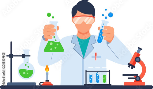Fotografía Scientist conducting chemical experiment with colorful liquids and laboratory eq