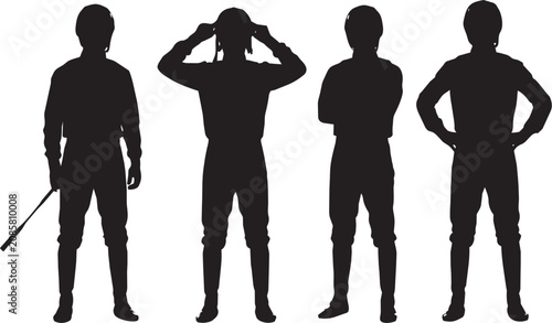 Vászonkép Horse Racing Jockey Silhouettes Posing with Helmet and Riding Crop

Silhouettes of four professional horse racing jockeys standing in strong, confident poses
