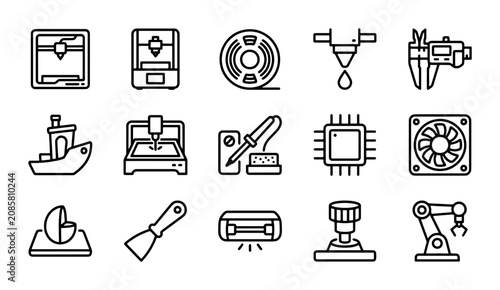 Fotografie 3D Printing Technology Vector Icons, Additive Manufacturing Tools, Engineering E