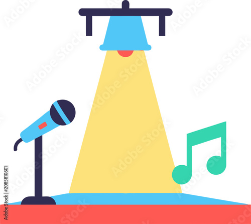 Microphone and music notes under spotlight on stage, performance concept